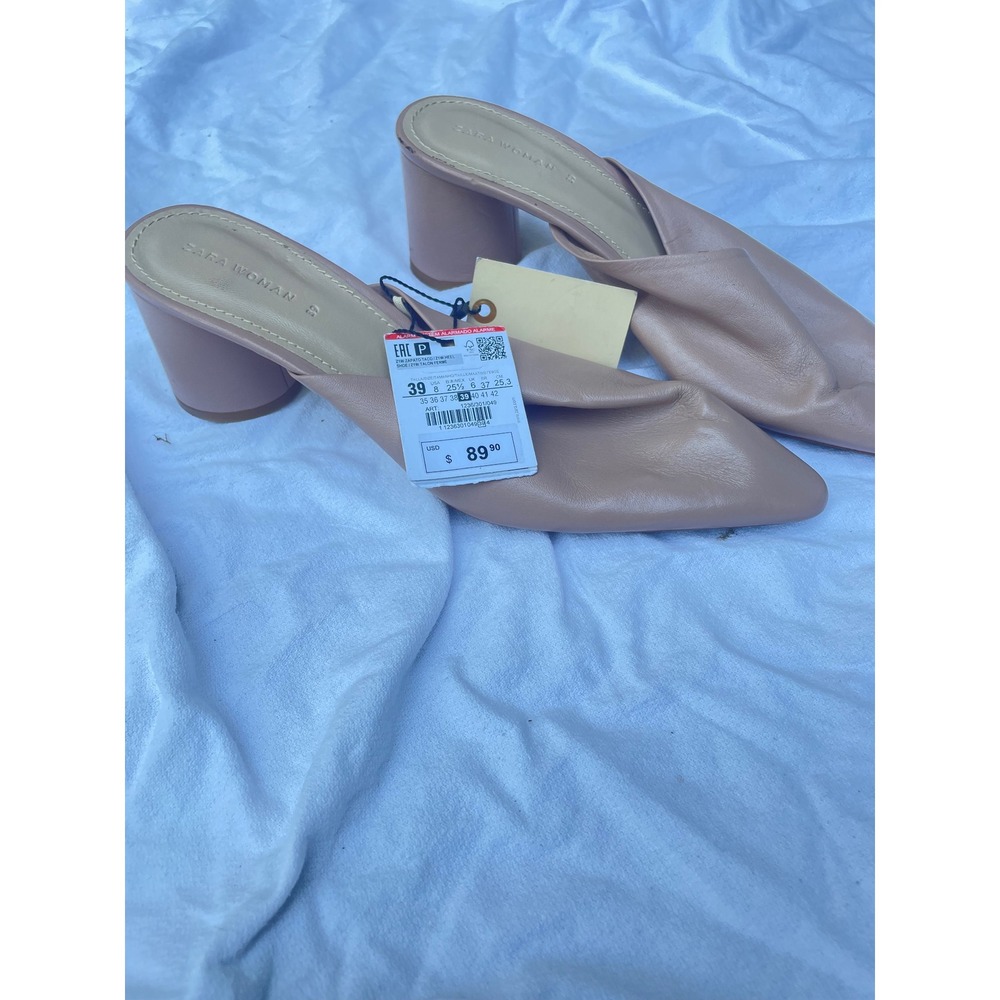 Zara Woman Nude Leather Block Heel Mules Pointed Toe Size 8 39 1236/301/049